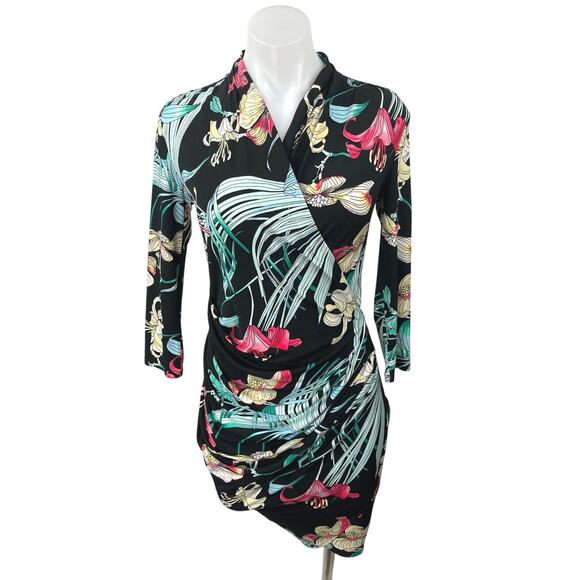 Jennifer Lopez Multicolor Long Sleeve Tropical Ruched Mini Bodycon Wrap Dress XS - Picture 1 of 5